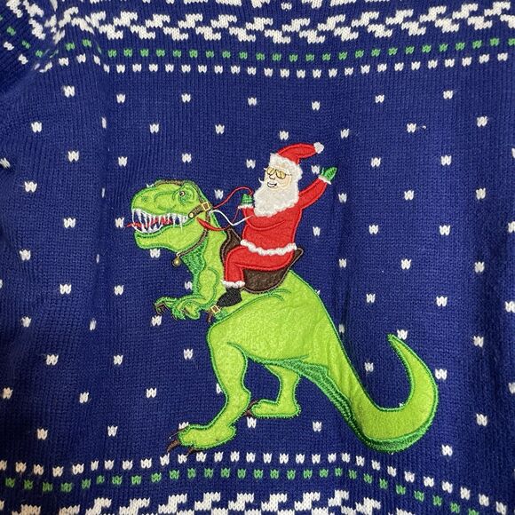 Blizzard Bay Ugly Christmas Sweater Women's Large 14-16 Blue Red Santa T-Rex - Picture 2 of 4